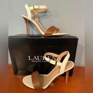 NEW! Ralph Lauren Gwen Burnished Leather Sandals Tan and Cream Sz 8.5 B